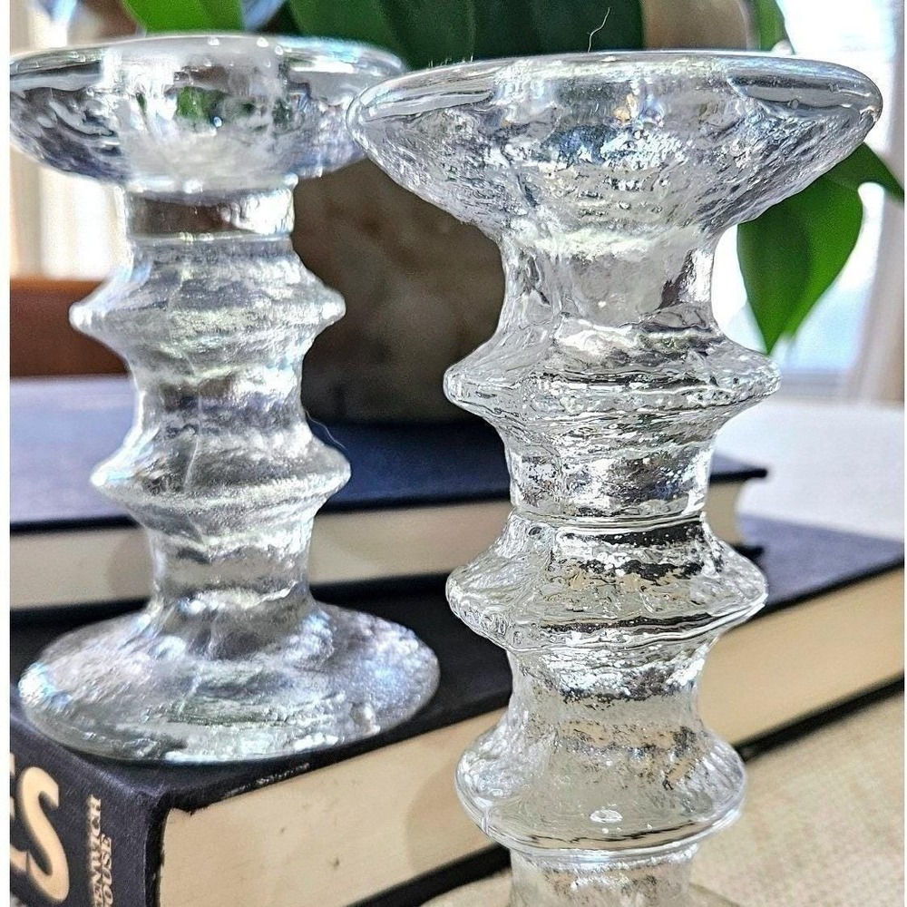 Scandinavian Ice Glass Candle Holders Pair Heavy Textured Block Glass MCM - Picture 3 of 6